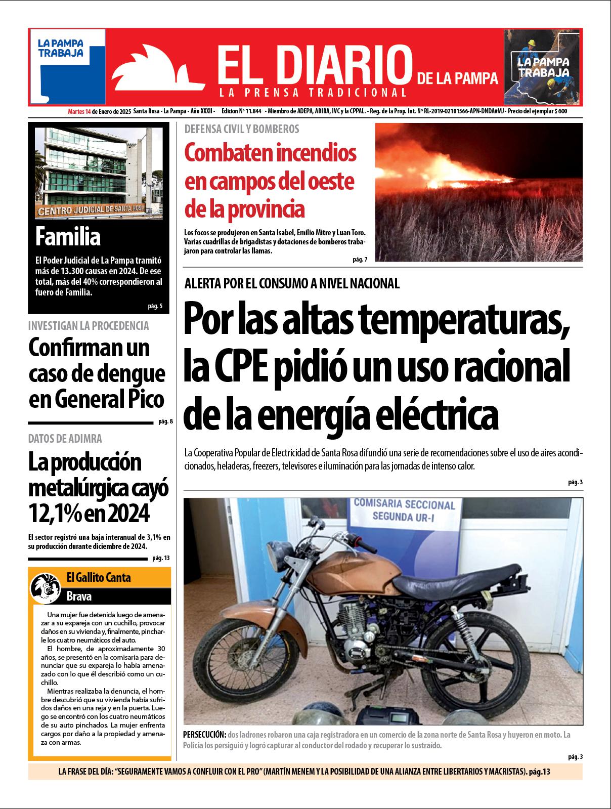 Tapa de El Diario en papel  martes 14 de enero de 2025